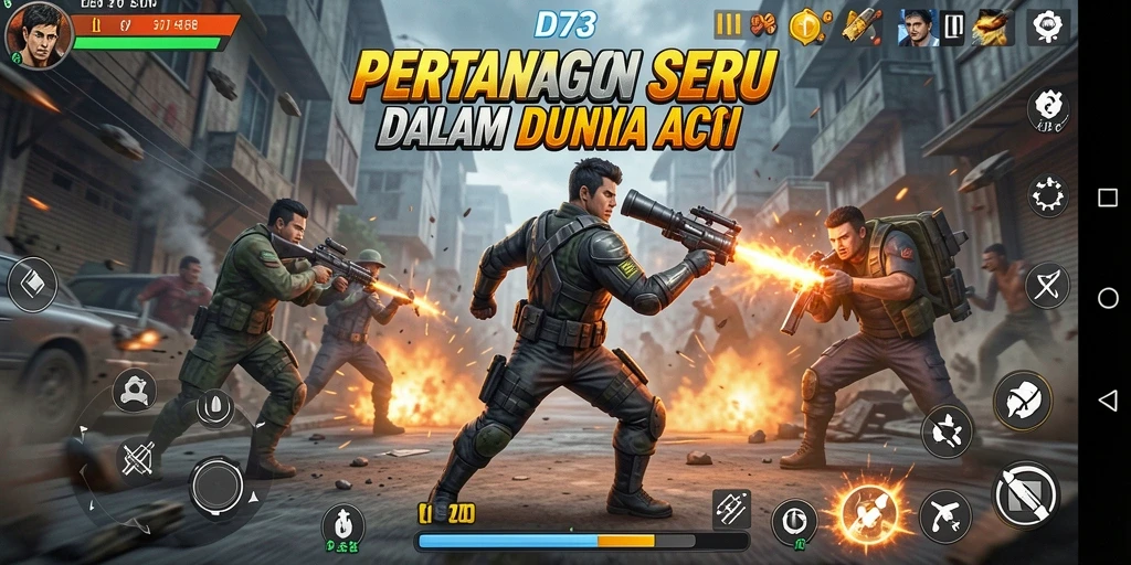 Gameplay seru D73 dengan pertarungan aksi yang mendebarkan.