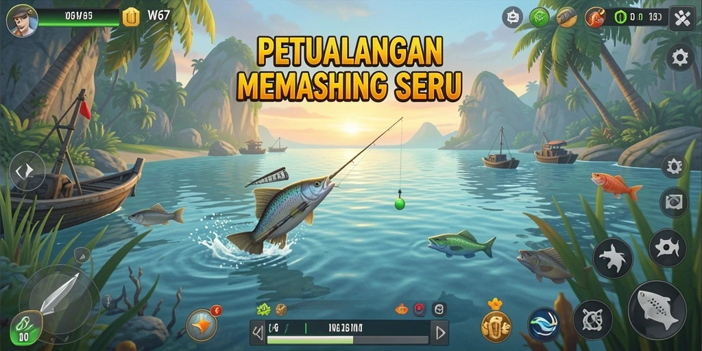 Gameplay seru W67 dengan berbagai lokasi memancing.